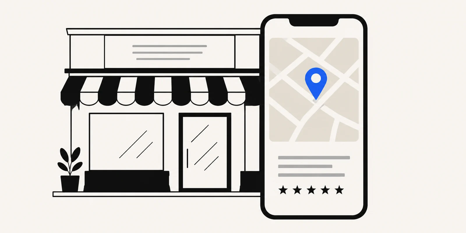 Fachada de um pequeno comércio ao lado de um celular exibindo o perfil da empresa no mapa, com alfinete de localização e avaliações