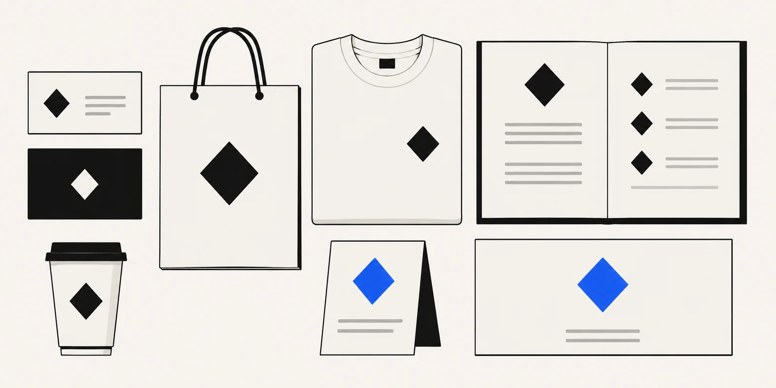 Cartão, sacola, camiseta, copo, cardápio e placa aplicando o mesmo símbolo, mostrando uma identidade visual em uso